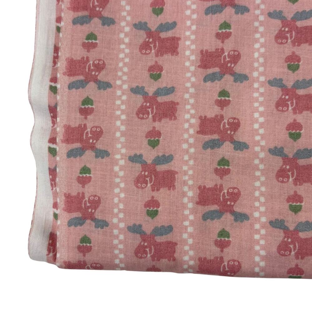 Pink Moose Cotton Fabric Acorns Stripes Cabin Vintage 1980s Weilwood 3 Yards